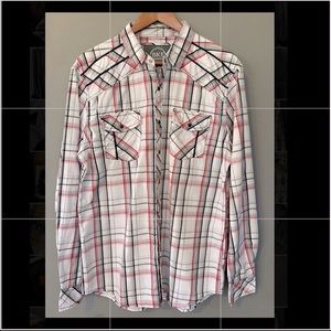 Like New- Men’s BKE button down. White, Red, and Black plaid. Size Large